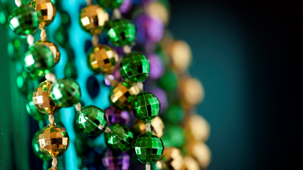 Colorful Mardi Gras celebration with beads, cocktails, and festive nightlife setting
