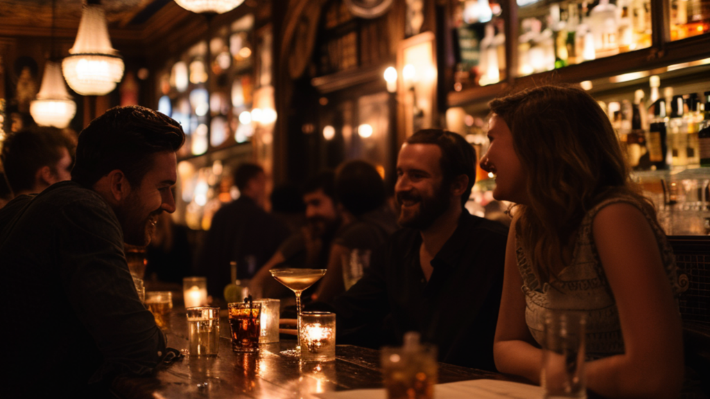 Guests drinking American Whiskey cocktails at a busy On-Premise bar during happy hour