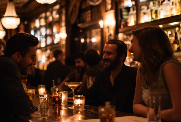 Guests drinking American Whiskey cocktails at a busy On-Premise bar during happy hour