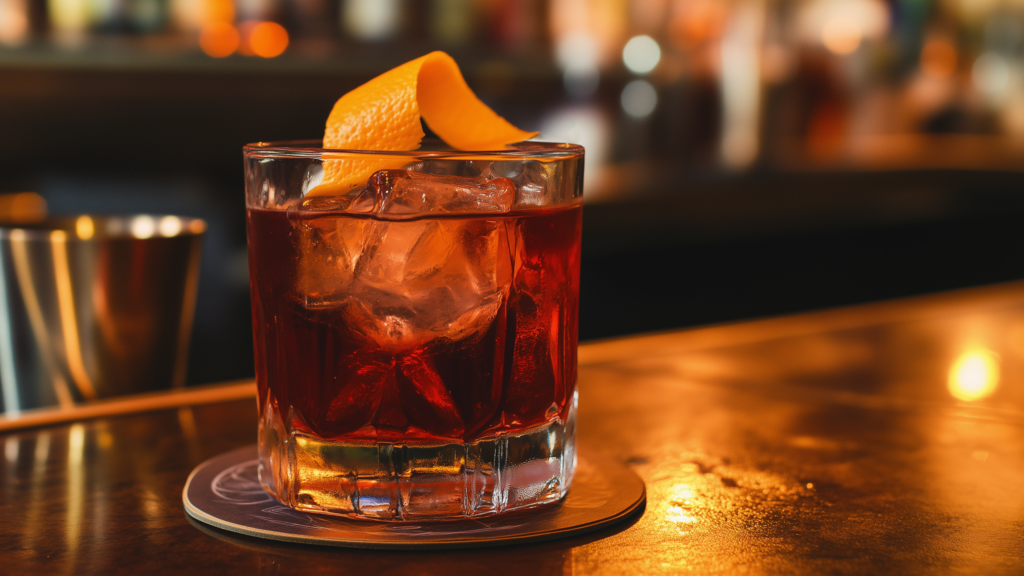Negroni cocktail with orange garnish on a bar during happy hour at an On-Premise venue