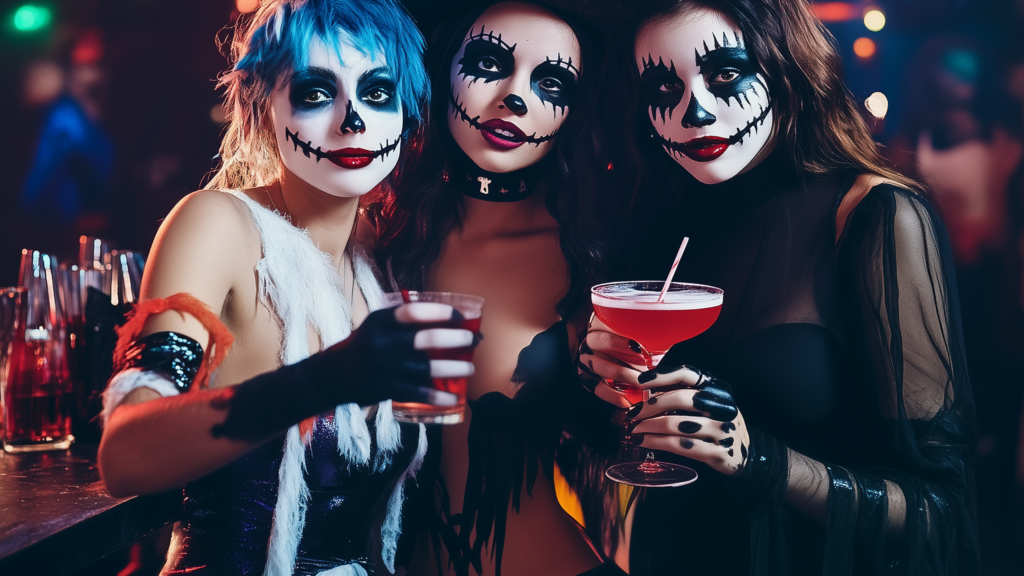 Halloween On-Premise insights: three guests in skeleton face paint holding cocktails at a bar